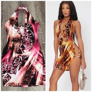 May Pink Abstract Print High Slit Bodycon Halter Dress with Safety Pin Detail